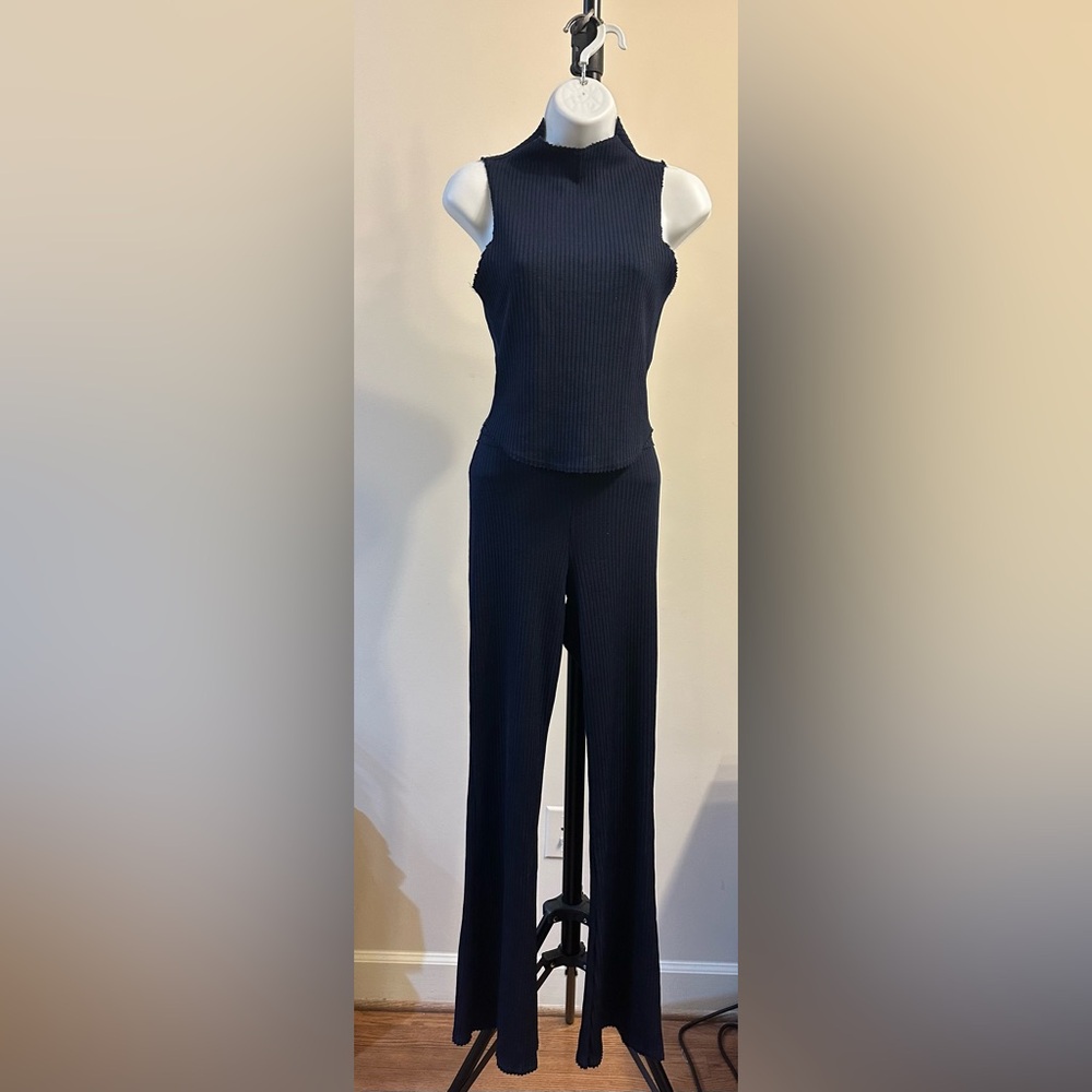 Wild Fable Ribbed Tank Top & Foldover Waistband Flare Leggings - Navy Blue